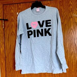 PINK Victoria's Secret Gray Long Sleeve Shirt with black sequined letters.